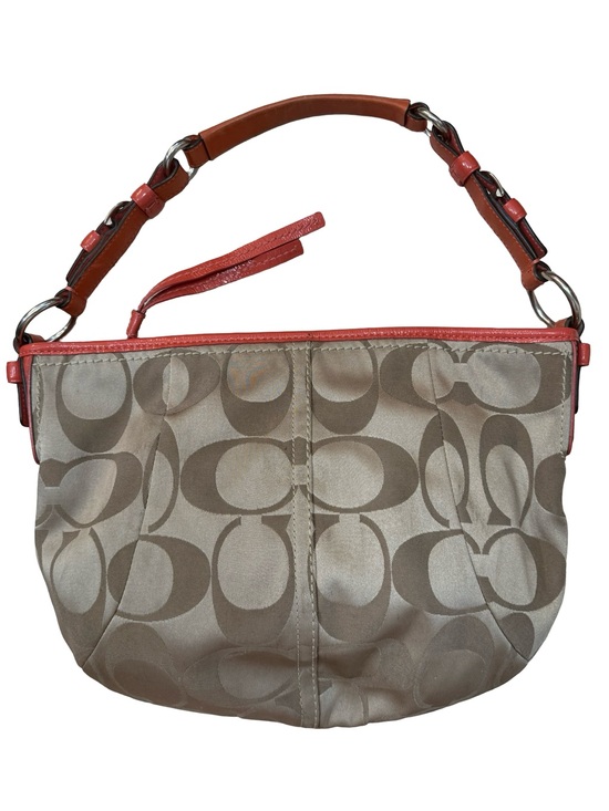 Coach Handbags - Coach Tan Signature Canvas Shoulder Bag with Orange Leather Trim